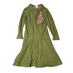 VTG 60s/70s Chic Moss Green Mod Midi Dress W/ Paisley Scarf Collar Size M (8-10)